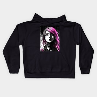 The Art of Shadows: Delve into the Mysterious Black and White Anime Girl World Goth Gothic Fashion Dark Pink Hair Kids Hoodie